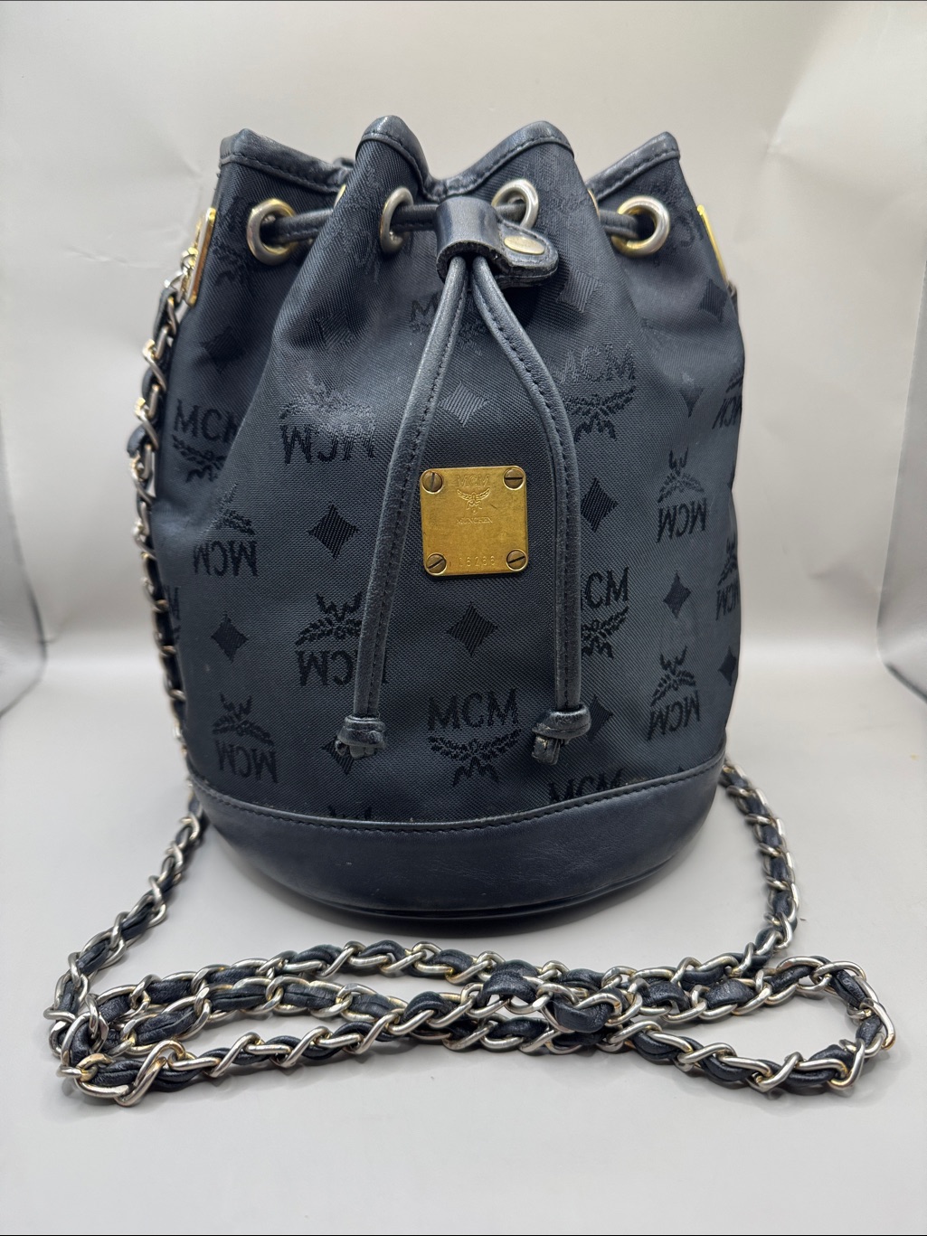 Mcm Germany Vintage Black Leather Chain-Trim Drawstring Small Bucket Bag